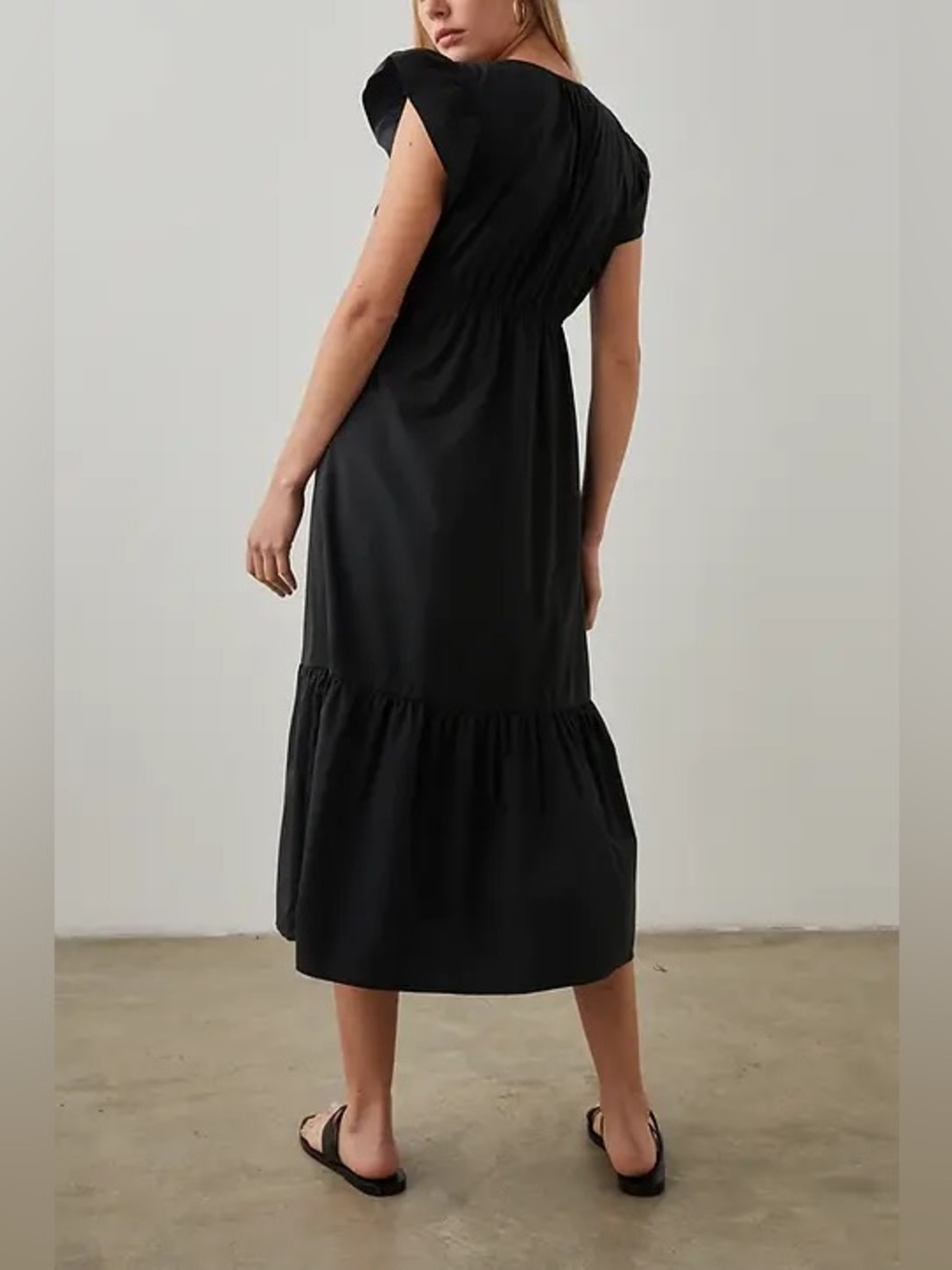 Rails Tina Midi Dress Large black cotton poplin short flutter sleeve cutout - Picture 3 of 12
